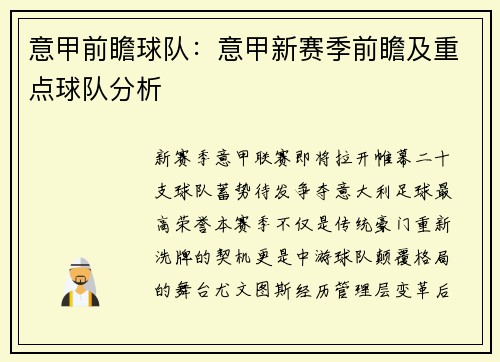 意甲前瞻球队：意甲新赛季前瞻及重点球队分析
