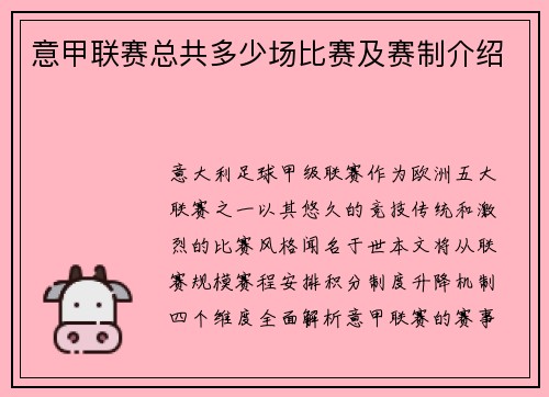 意甲联赛总共多少场比赛及赛制介绍