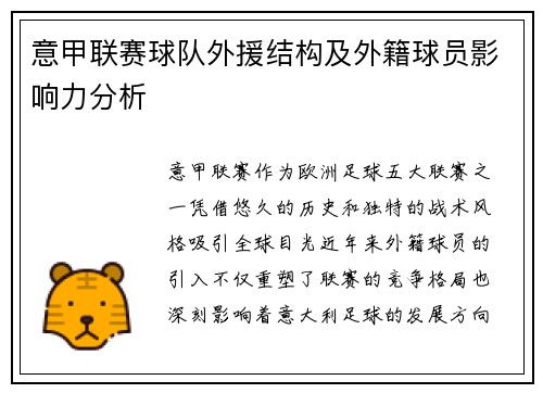 意甲联赛球队外援结构及外籍球员影响力分析